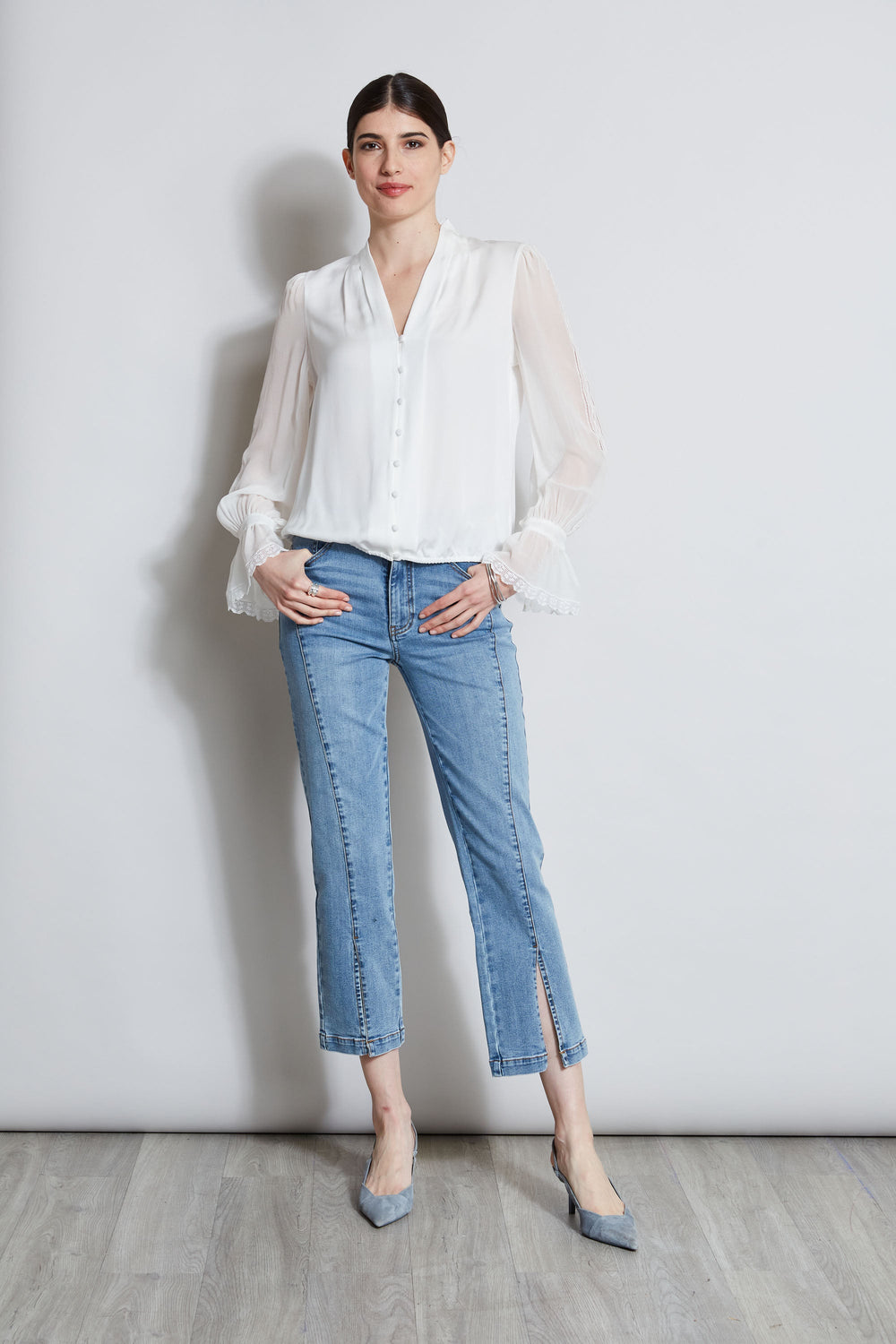 Embroidered Sleeve Blouson Shirt | Elie Tahari FRESH PEARL