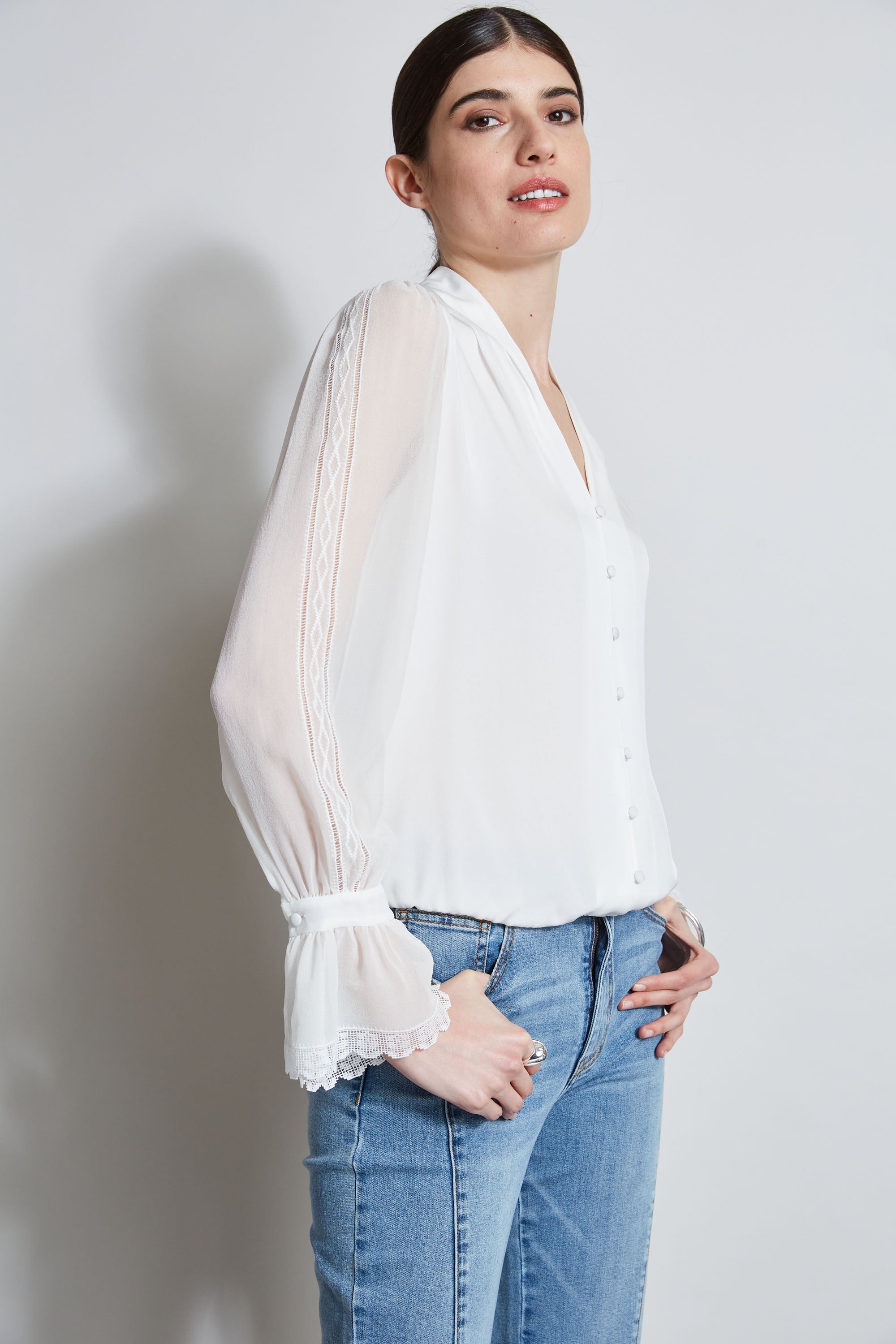 Embroidered Sleeve Blouson Shirt | Elie Tahari FRESH PEARL