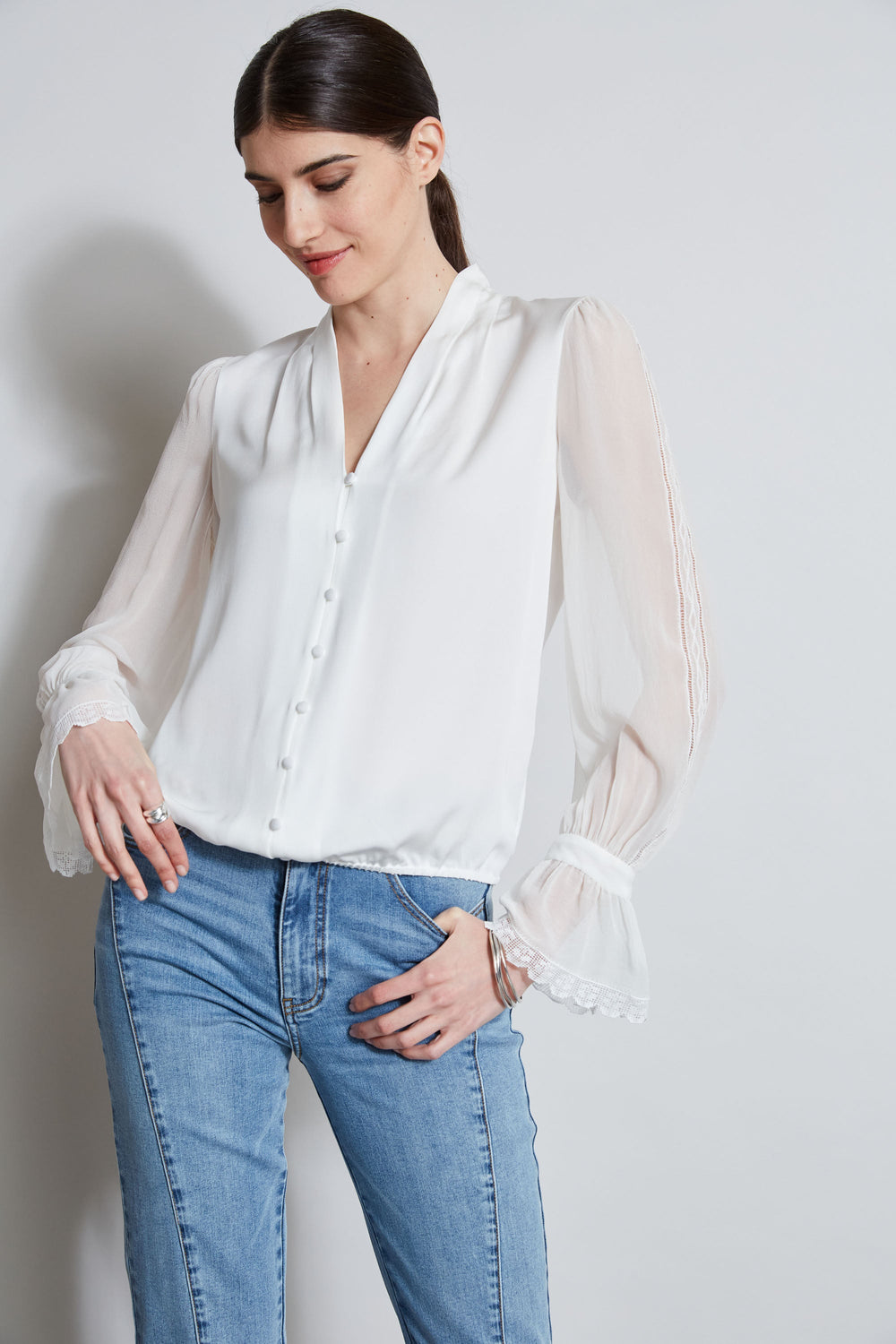 Embroidered Sleeve Blouson Shirt | Elie Tahari FRESH PEARL