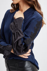 Lace Sleeve Silk Shirt | Elie Tahari MIDNIGHT