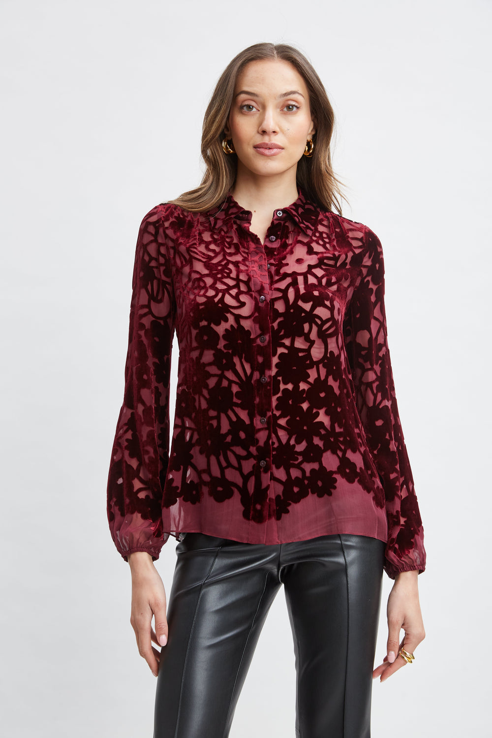 Stencil Burnout Velvet Shirt | Elie Tahari BORDEAUX