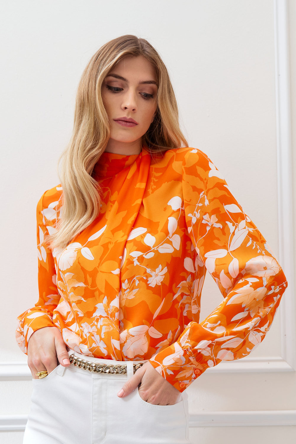 Silk Draped Neck Bloom Shirt | Elie Tahari MULTI