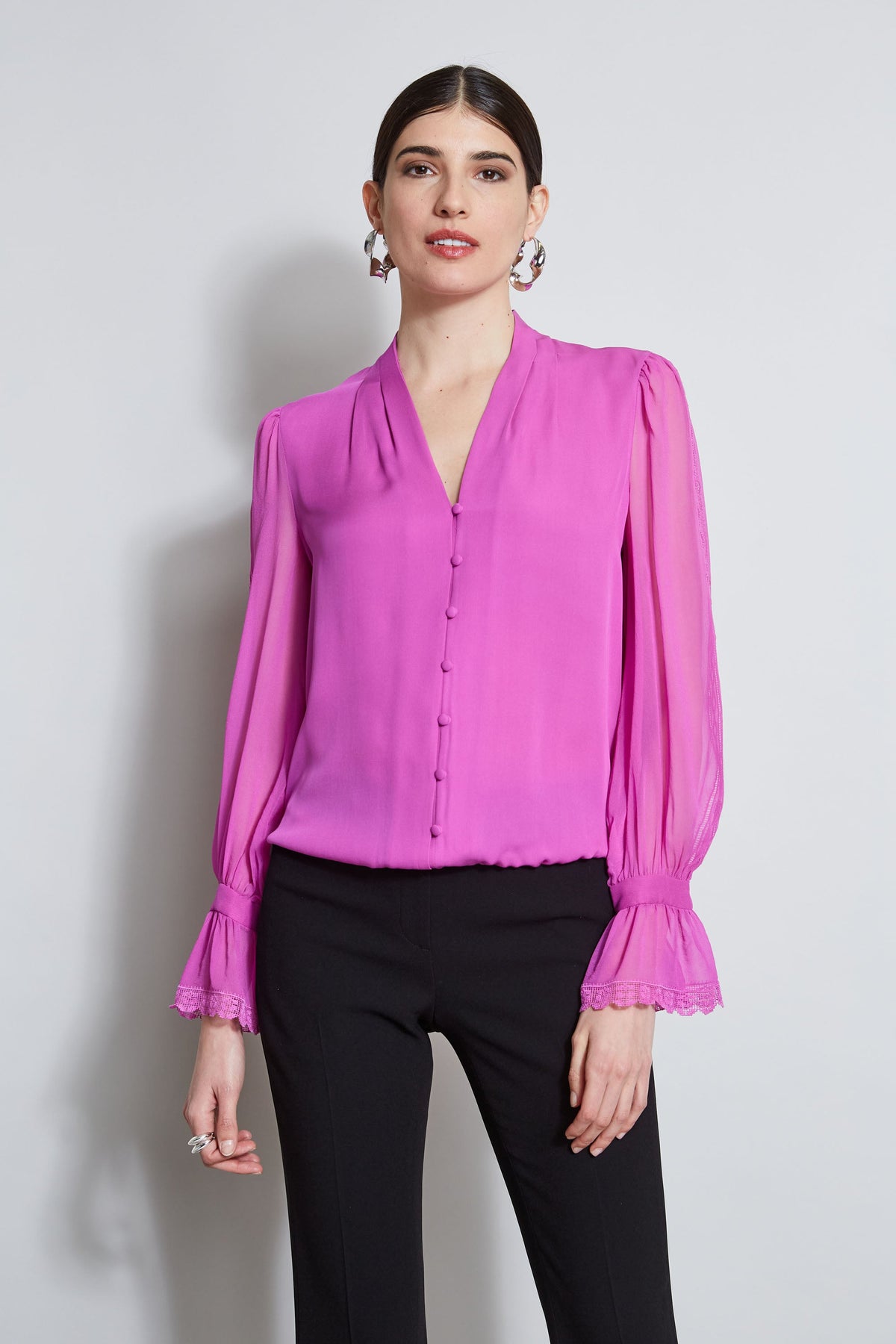 Embroidered Sleeve Blouson Shirt | Elie Tahari PEONY