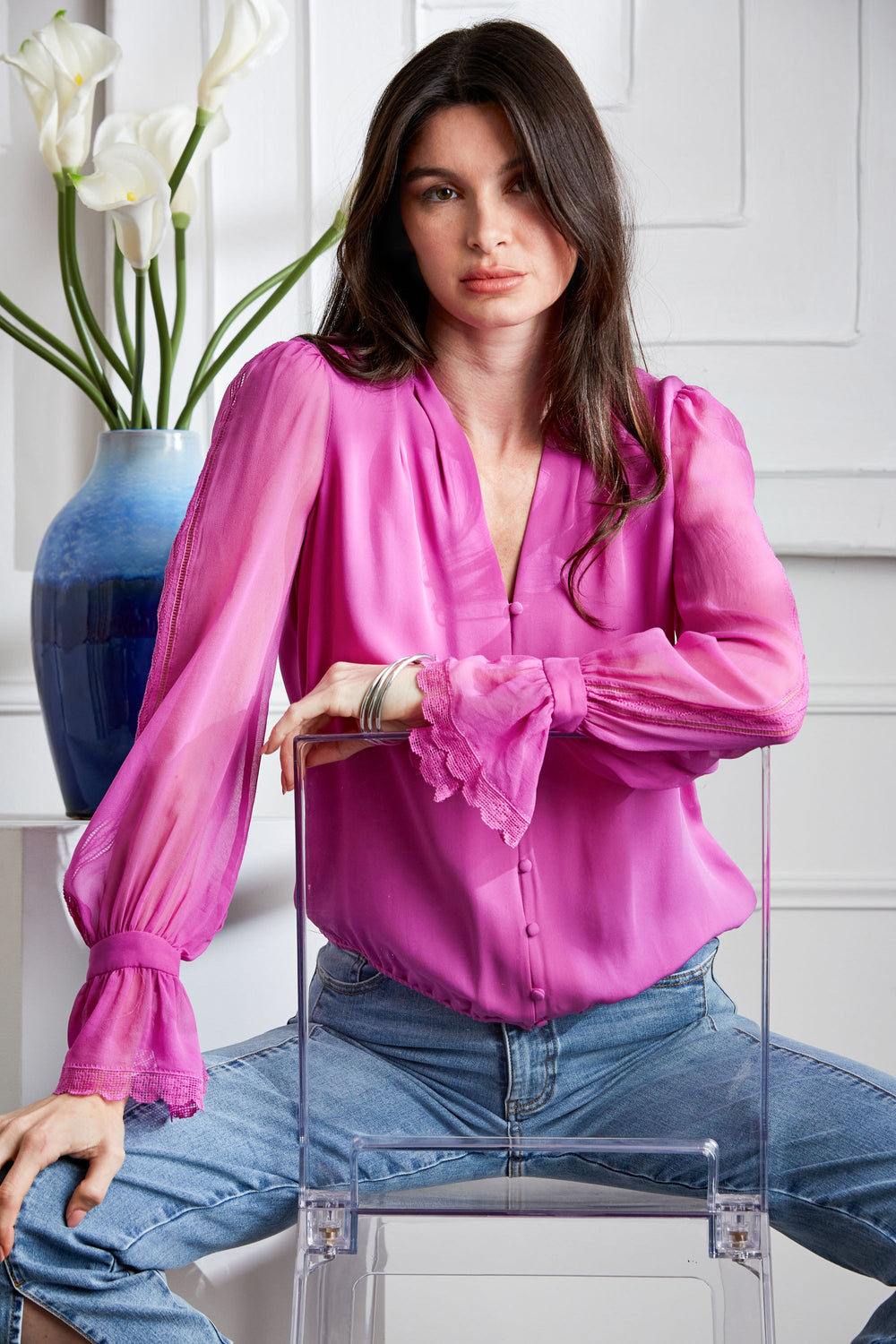 Embroidered Sleeve Blouson Shirt | Elie Tahari PEONY