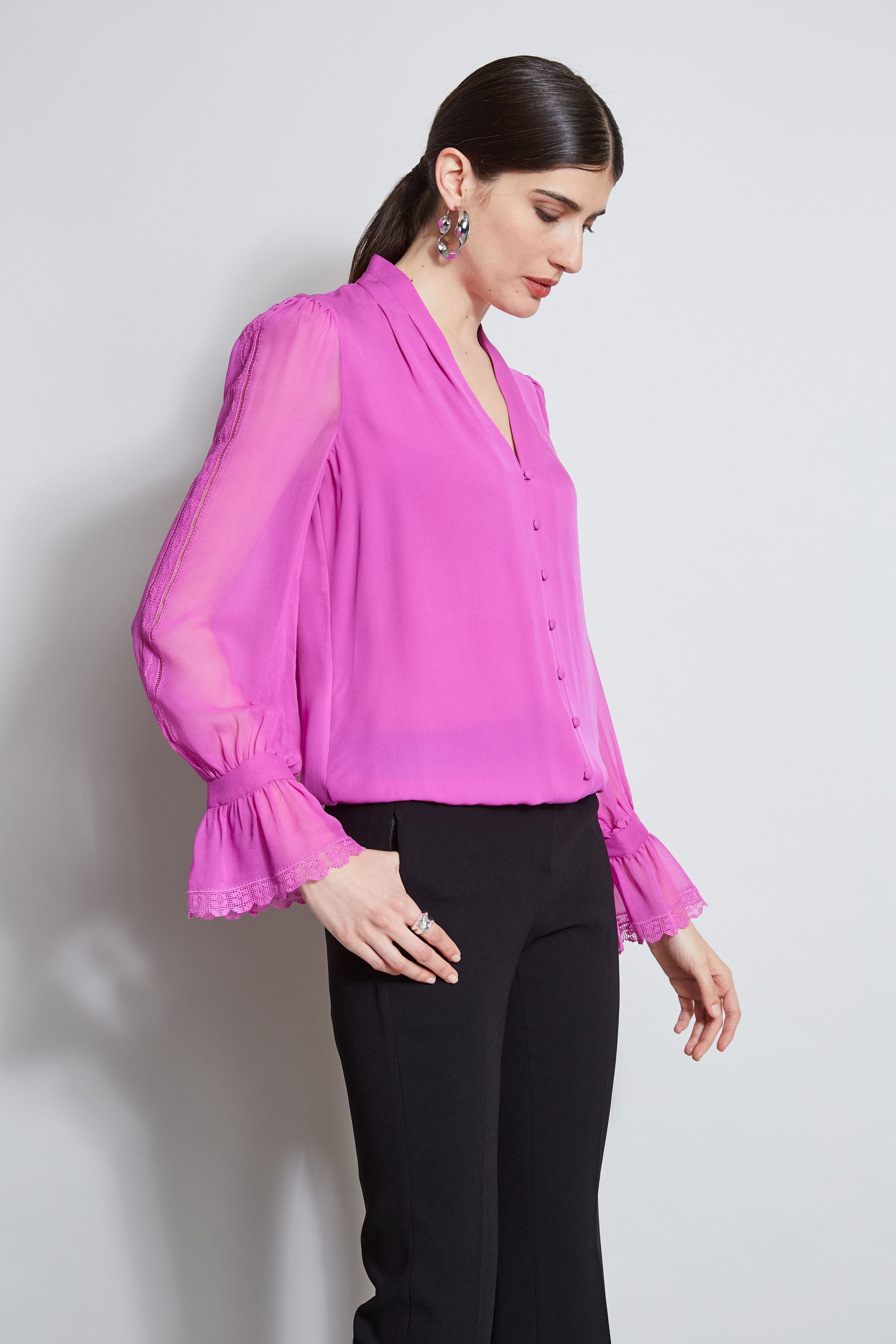 Embroidered Sleeve Blouson Shirt | Elie Tahari PEONY