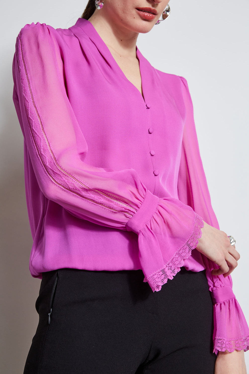 Embroidered Sleeve Blouson Shirt | Elie Tahari PEONY
