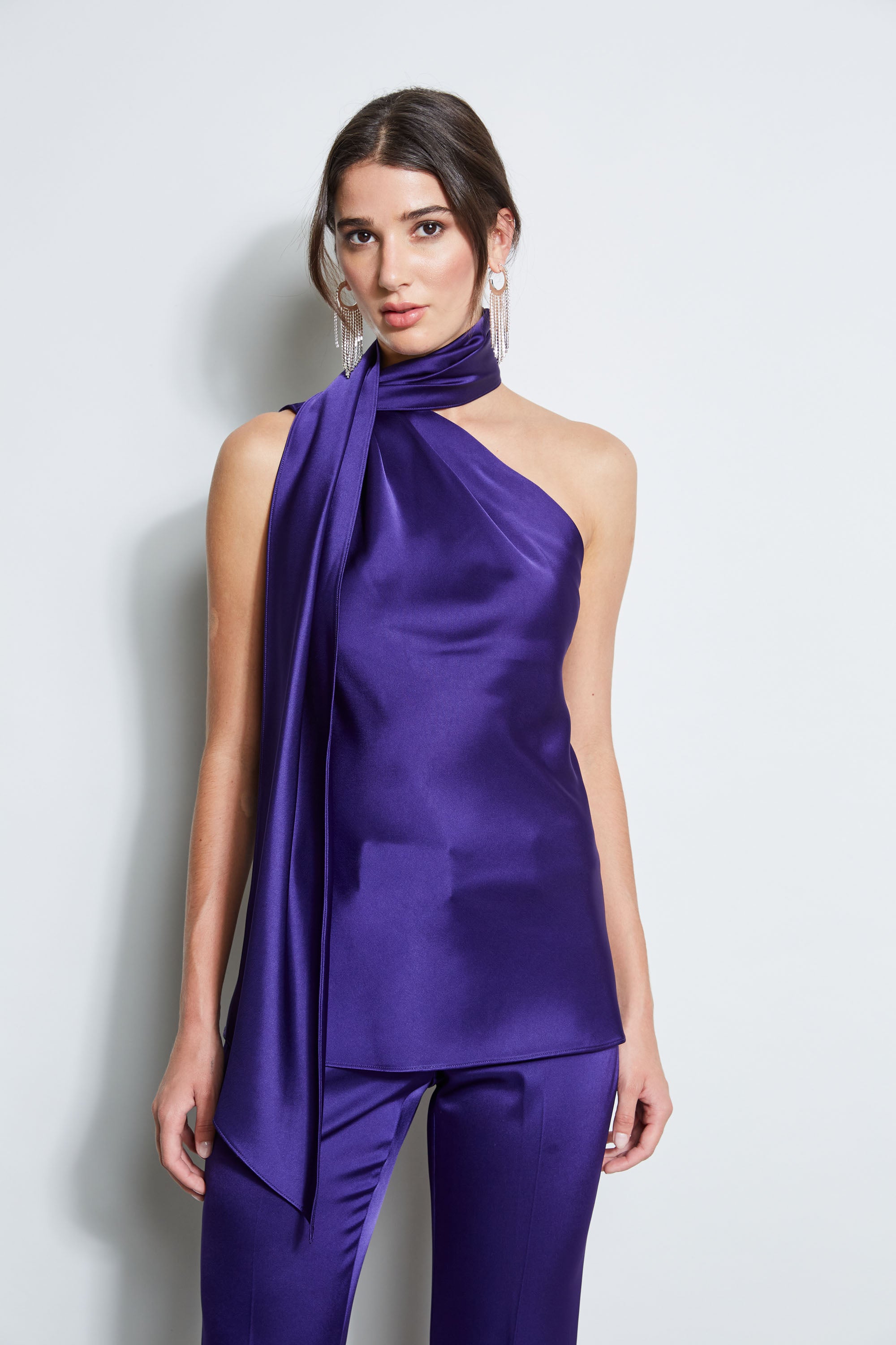 Satin One Shoulder Scarf Top | Elie Tahari WINTER PLUM