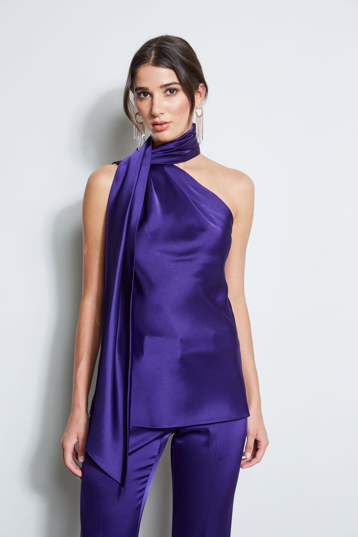 Satin One Shoulder Scarf Top | Elie Tahari WINTER PLUM