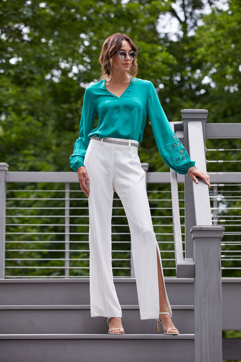 Embroidered Long Sleeve Shirt | Elie Tahari TAHITI GREEN