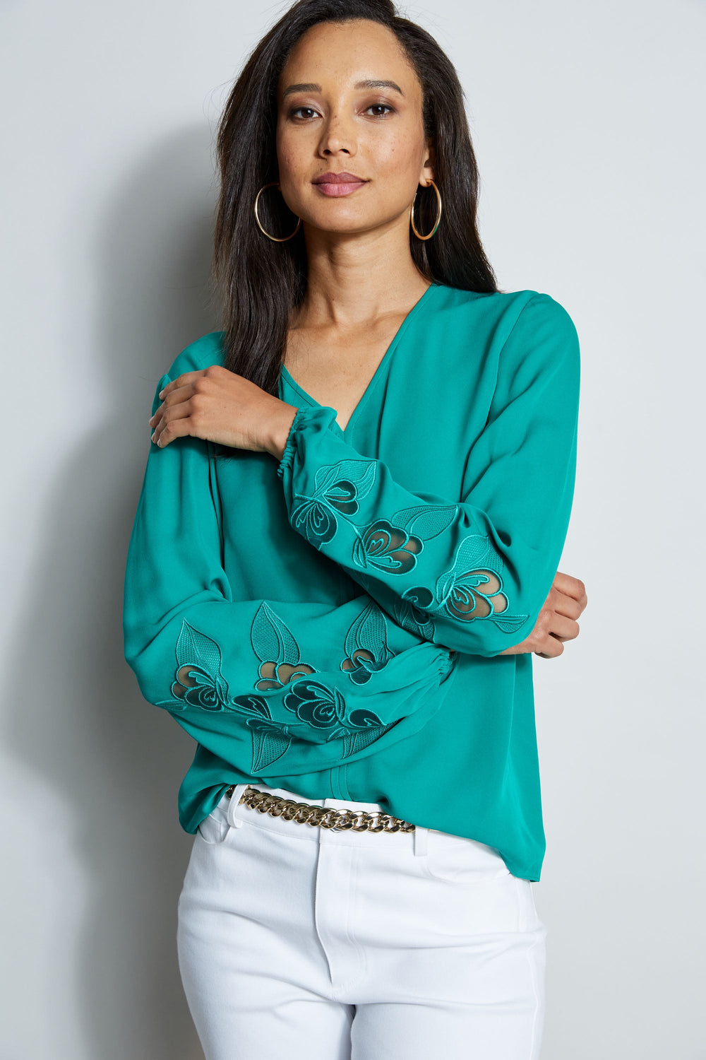 Embroidered Long Sleeve Shirt | Elie Tahari TAHITI GREEN
