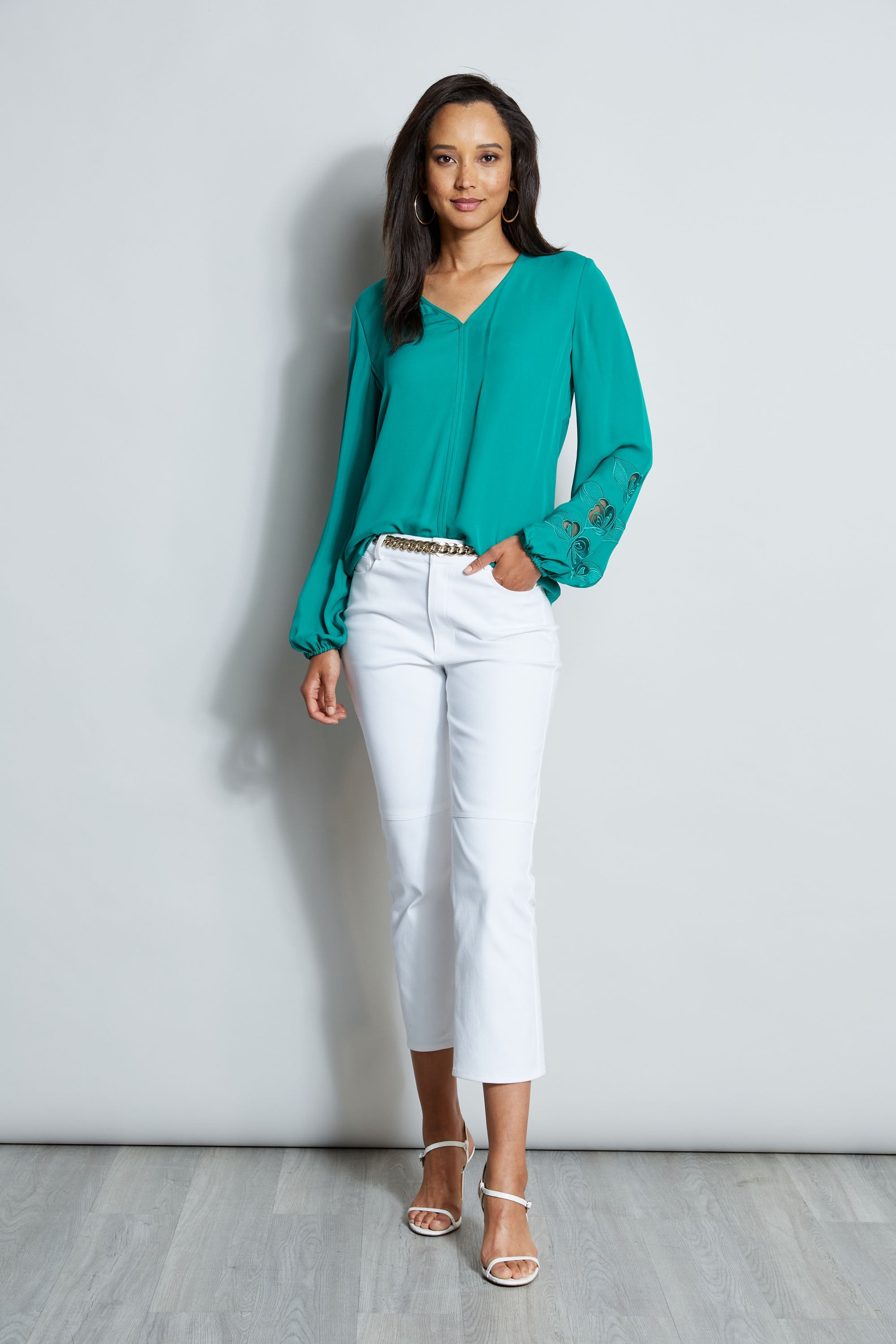 Embroidered Long Sleeve Shirt | Elie Tahari TAHITI GREEN