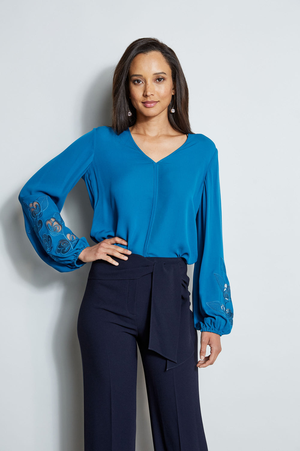 Embroidered Long Sleeve Shirt | Elie Tahari PACIFIC BLUE