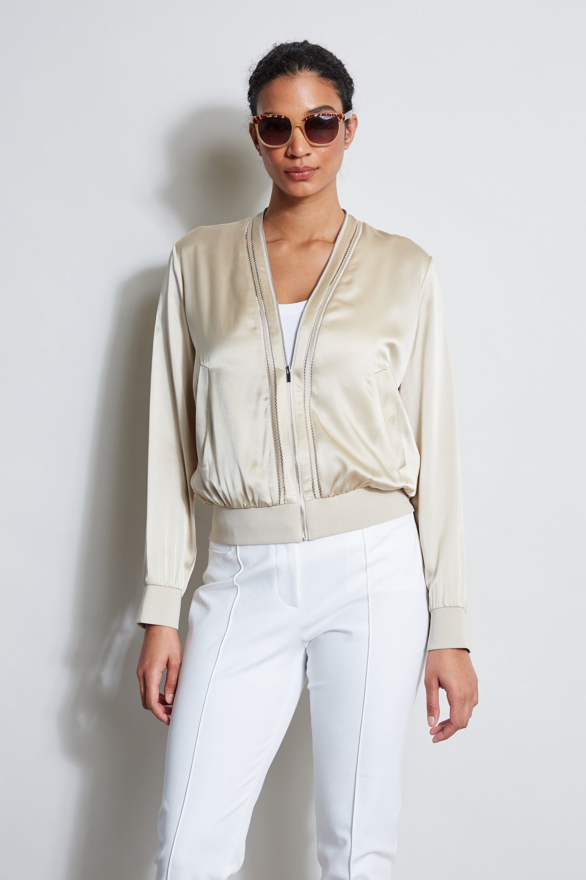 Silk Satin Bomber Jacket | Elie Tahari DRIFTWOOD
