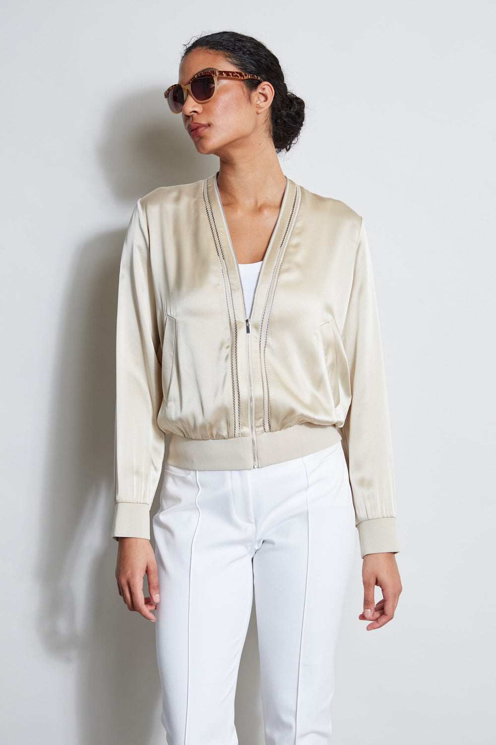 Silk Satin Bomber Jacket | Elie Tahari DRIFTWOOD