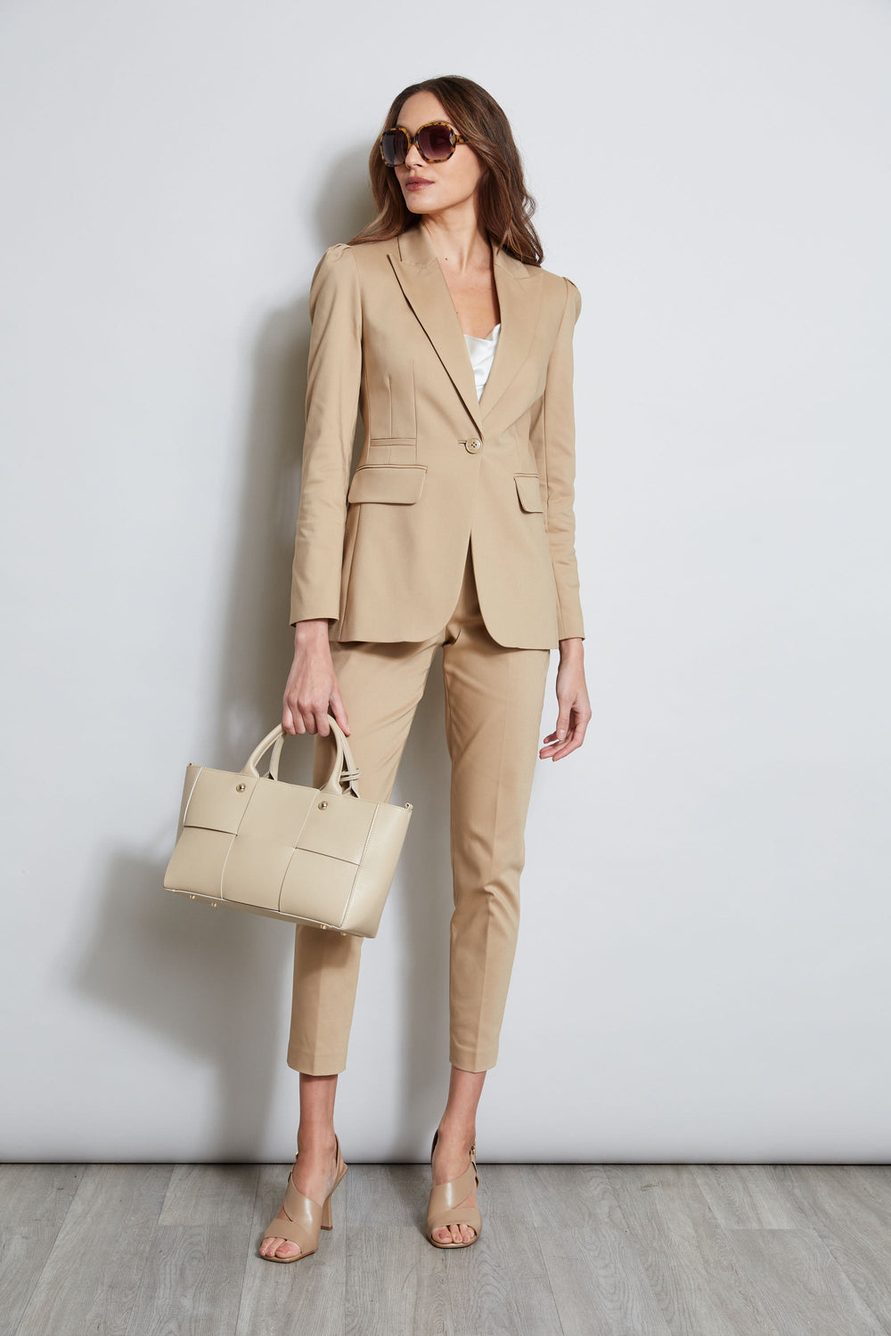 Pleat Shoulder Cotton Blazer | Elie Tahari SANDCASTLE