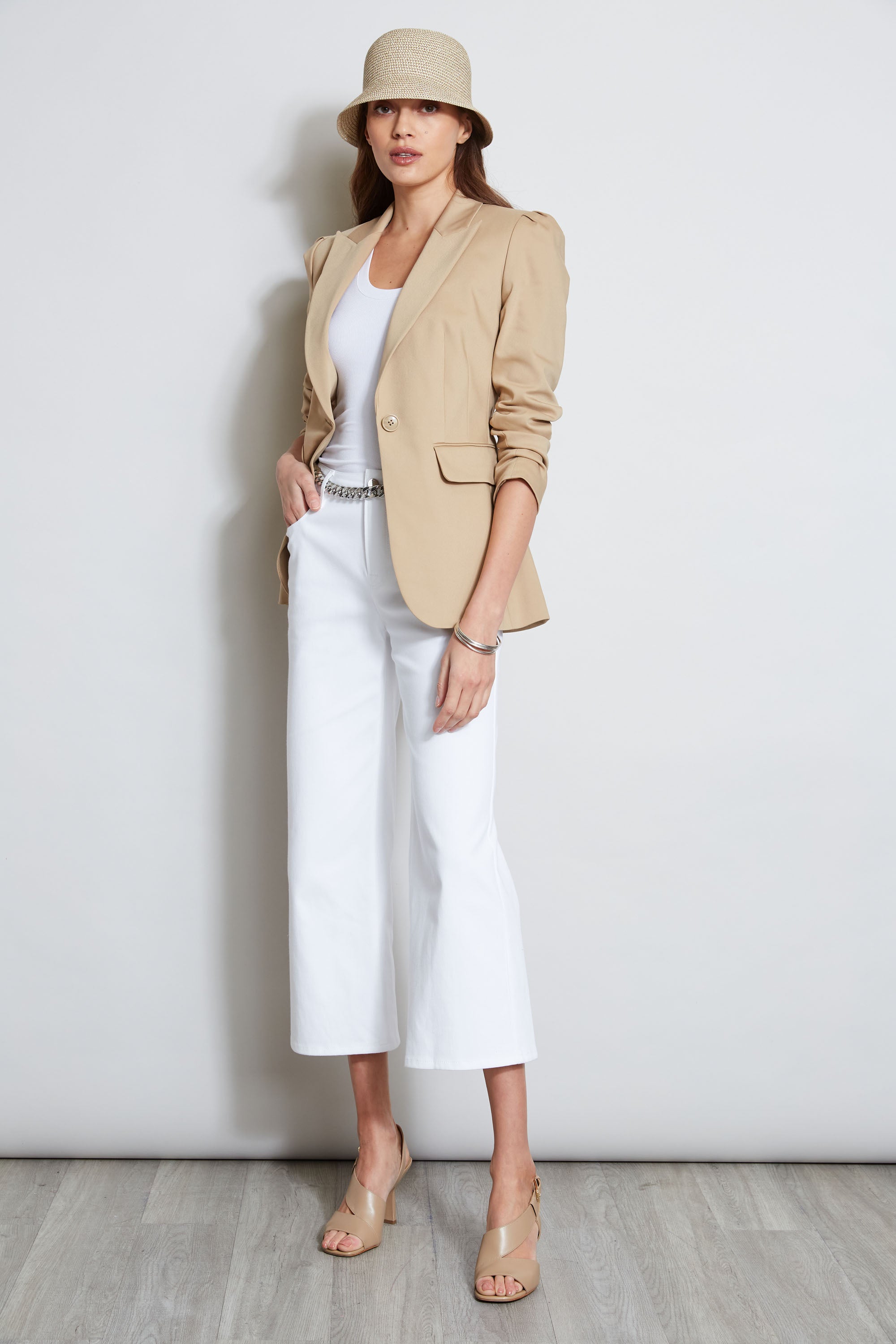 Pleat Shoulder Cotton Blazer | Elie Tahari SANDCASTLE