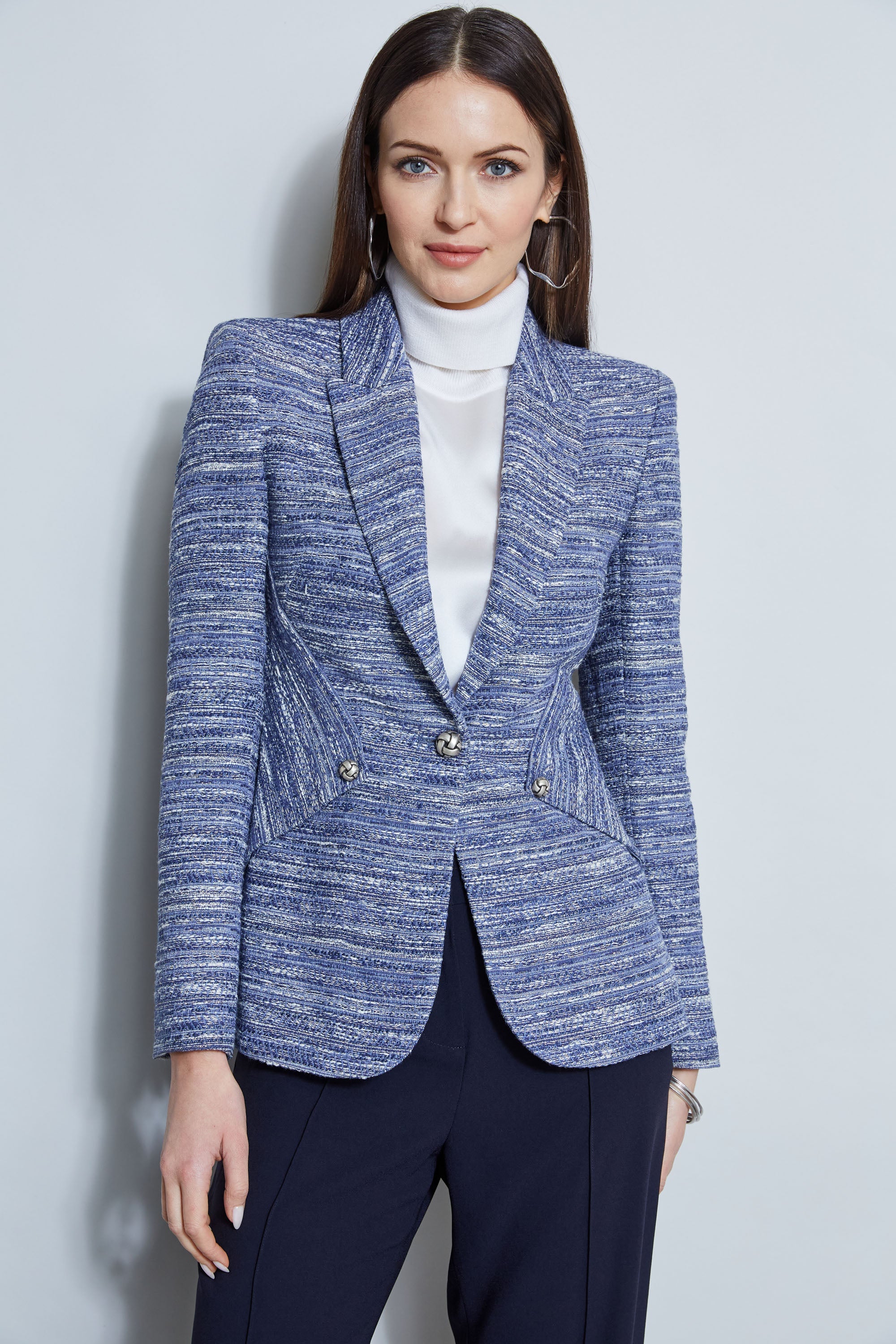Tweed Panel Single Button Blazer | Elie Tahari BLUE MULTI
