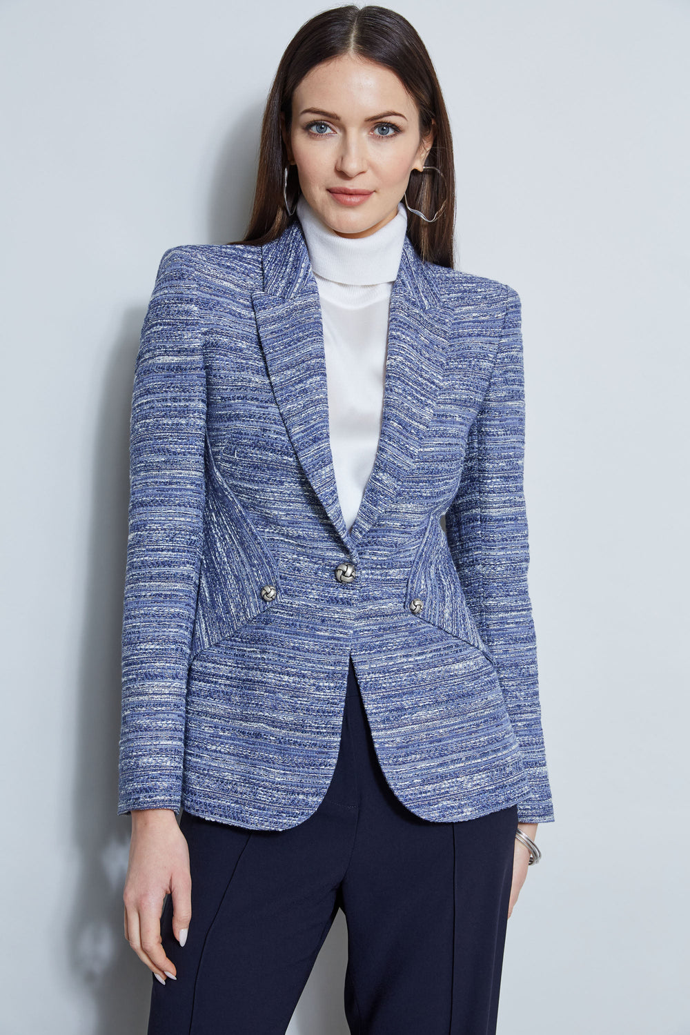 Tweed Panel Single Button Blazer | Elie Tahari BLUE MULTI