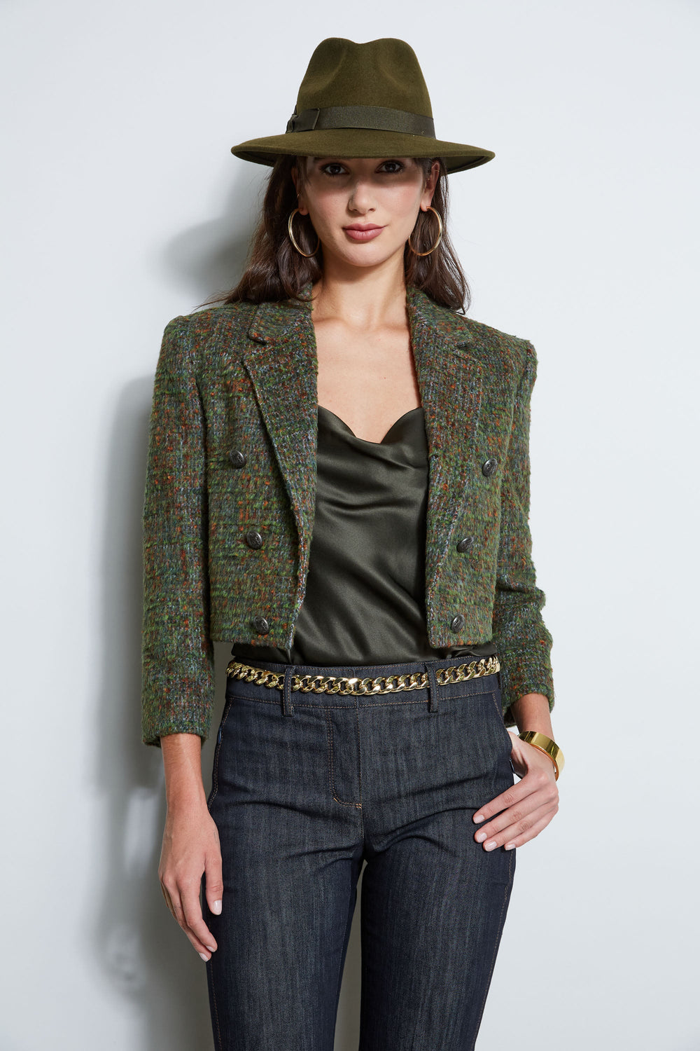 Boucle Tweed Cropped Jacket | Elie Tahari OLIVE MULTI