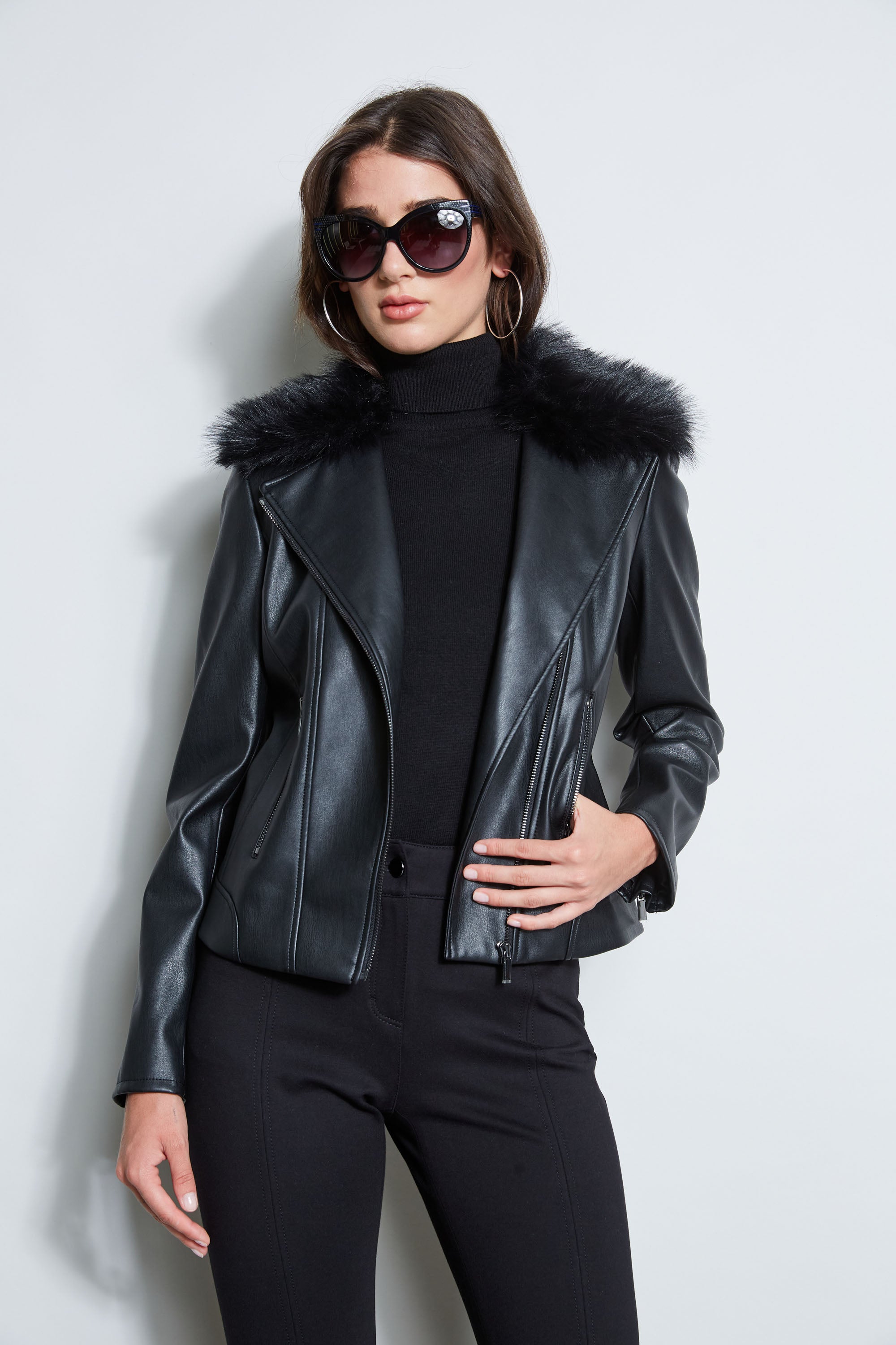 Faux Fur Collar Moto Jacket | Elie Tahari BLACK