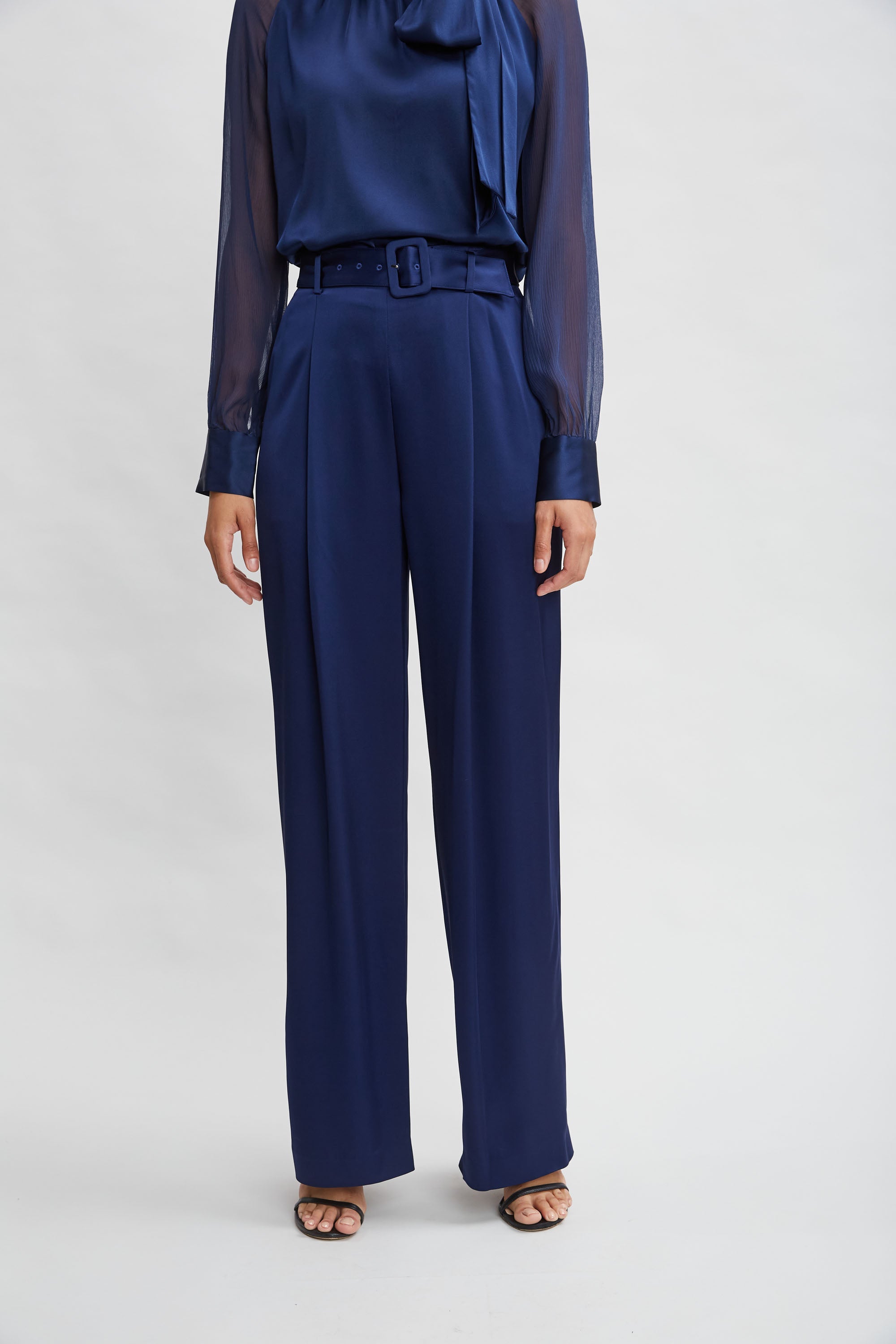 Belted Satin Pleated Pant | Elie Tahari MIDNIGHT