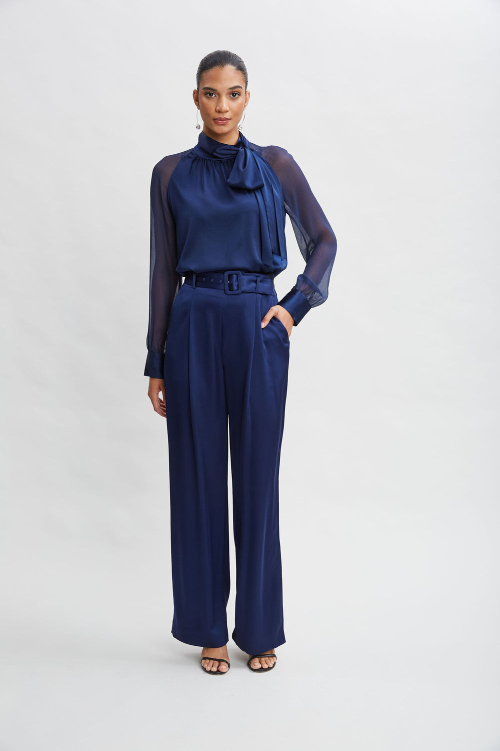 Belted Satin Pleated Pant | Elie Tahari MIDNIGHT