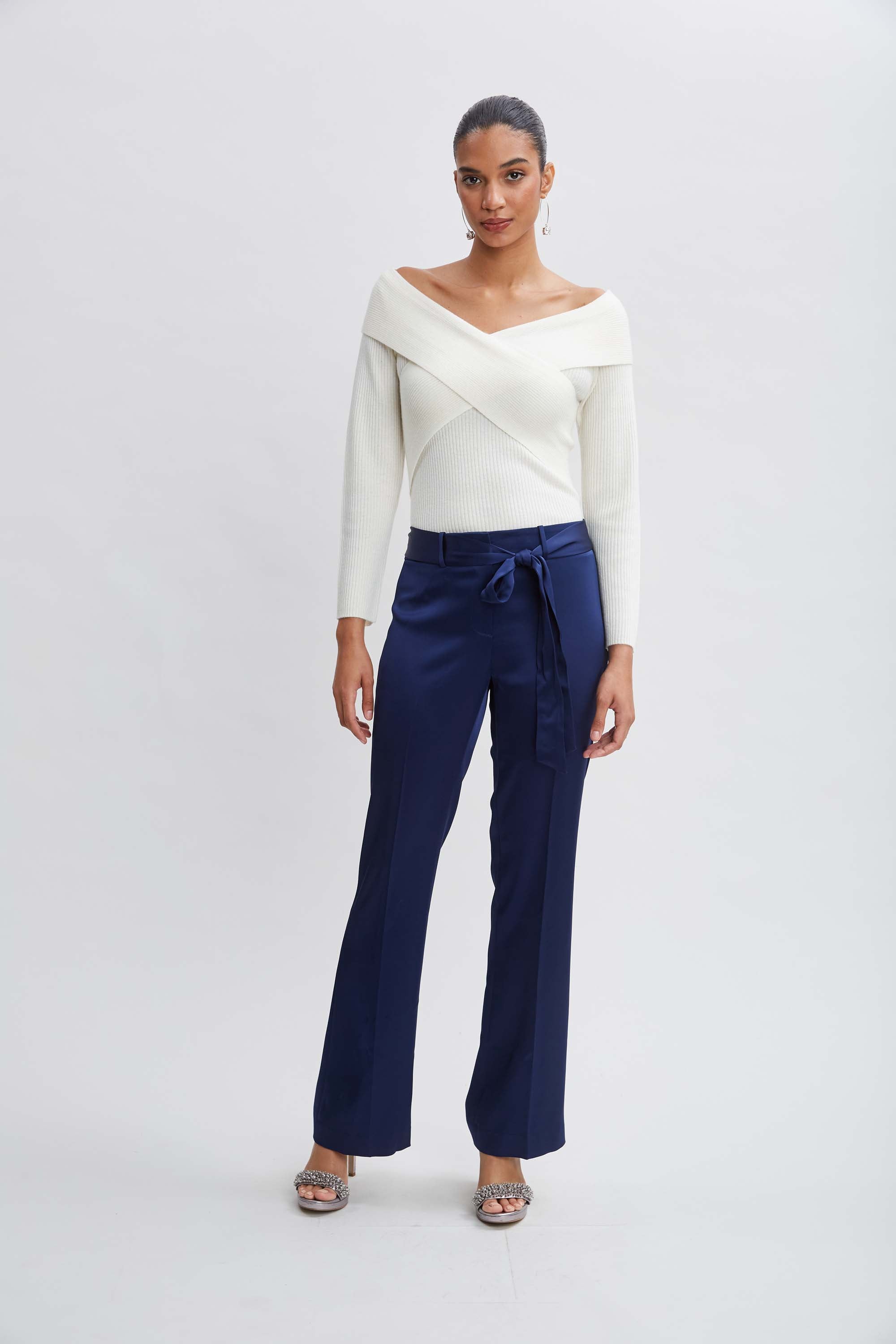 Satin Fit & Flare Sash Pant | Elie Tahari MIDNIGHT