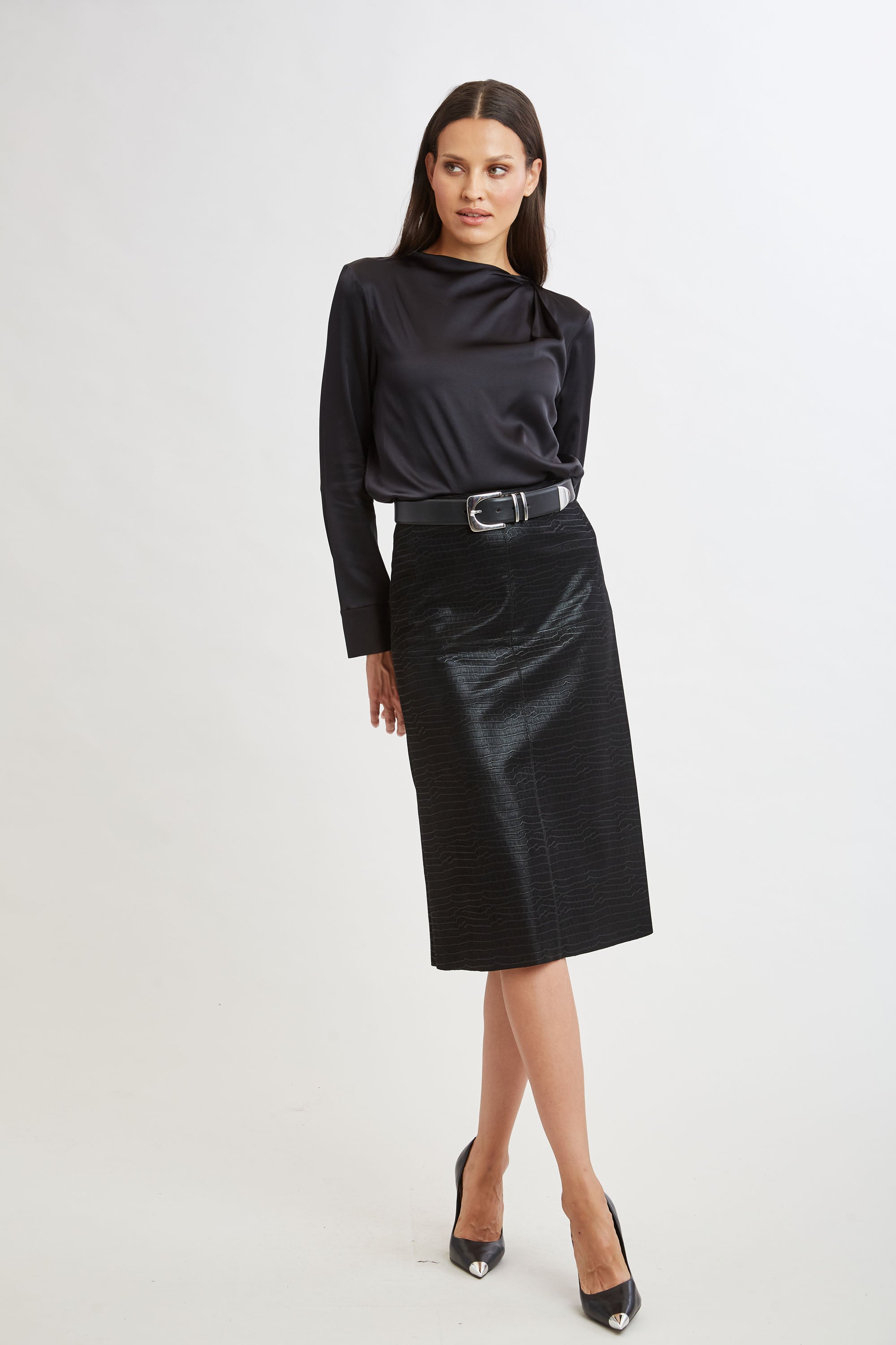Croc Midi Skirt | Elie Tahari BLACK