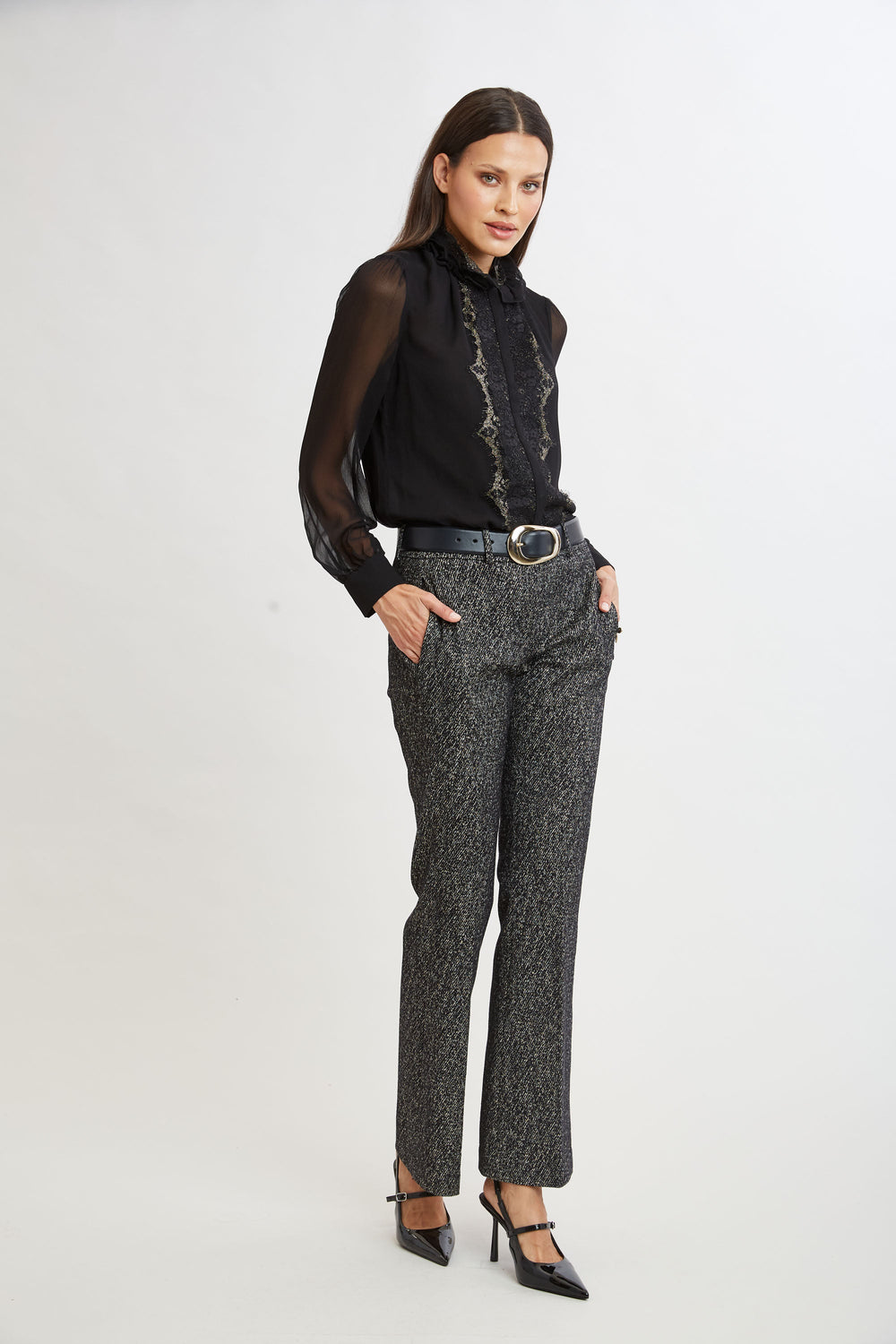 Fit & Flare Metallic Tweed Pant | Elie Tahari BLACK MULTI