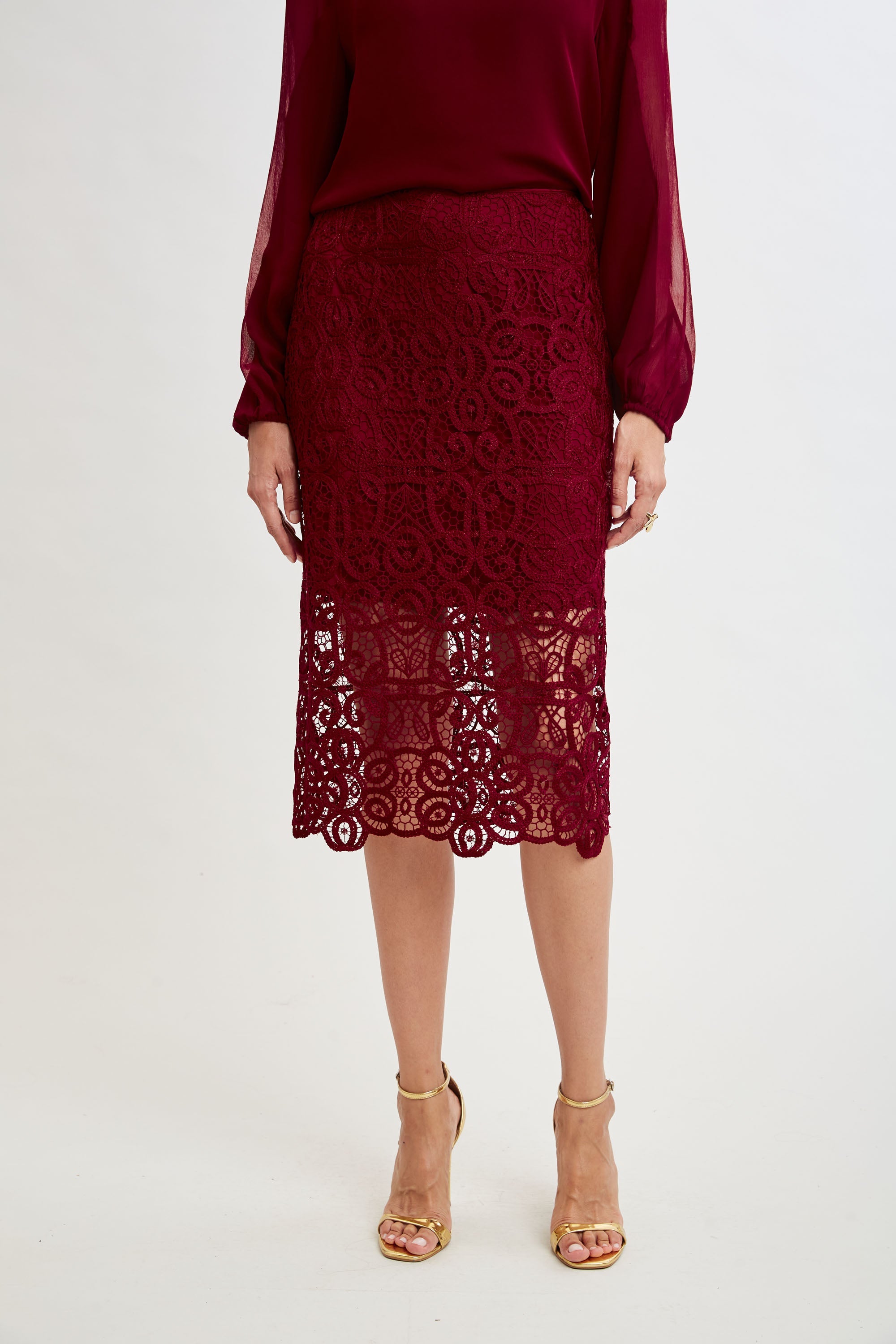 Crochet Lace Midi Skirt | Elie Tahari SANGRIA