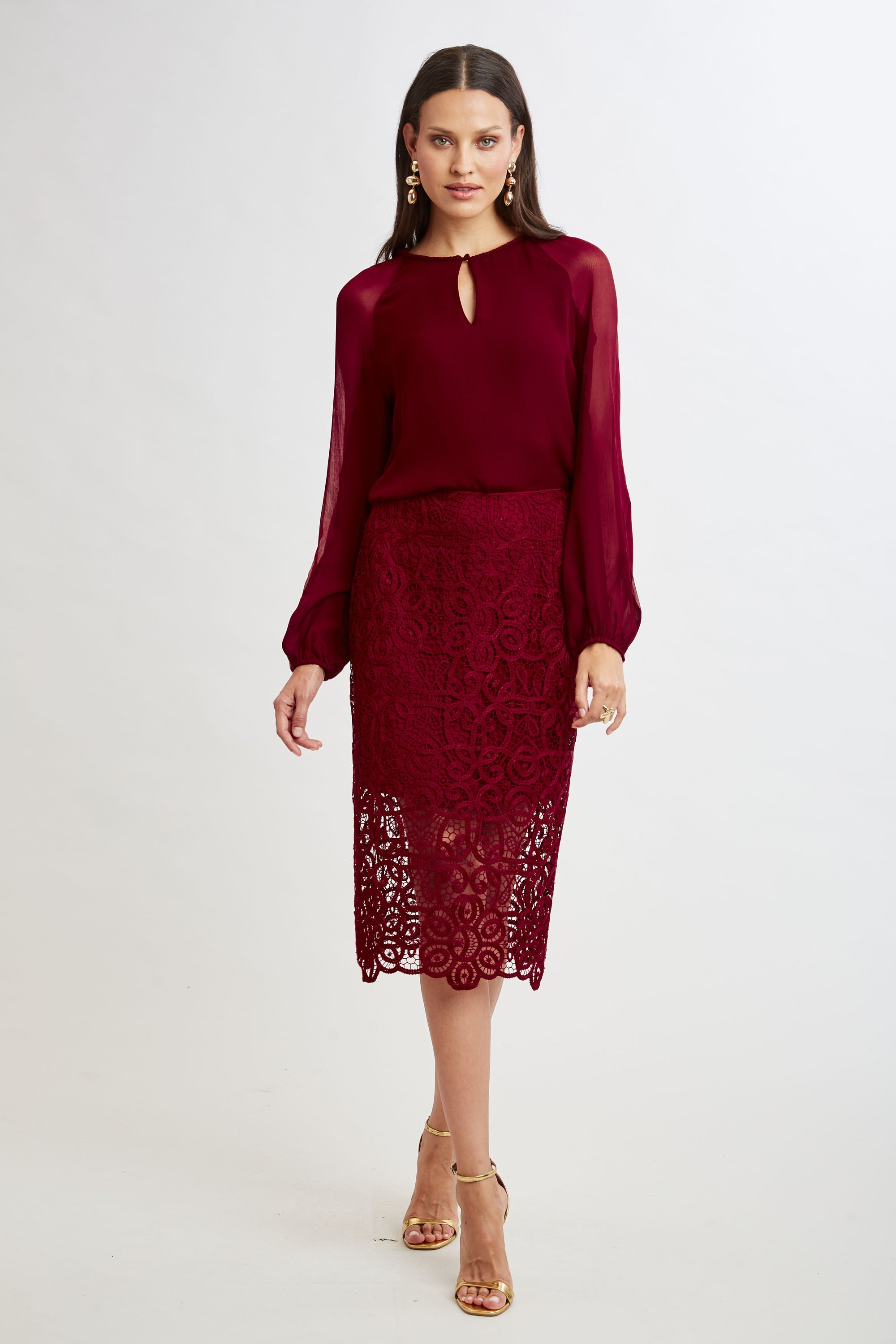 Crochet Lace Midi Skirt | Elie Tahari SANGRIA