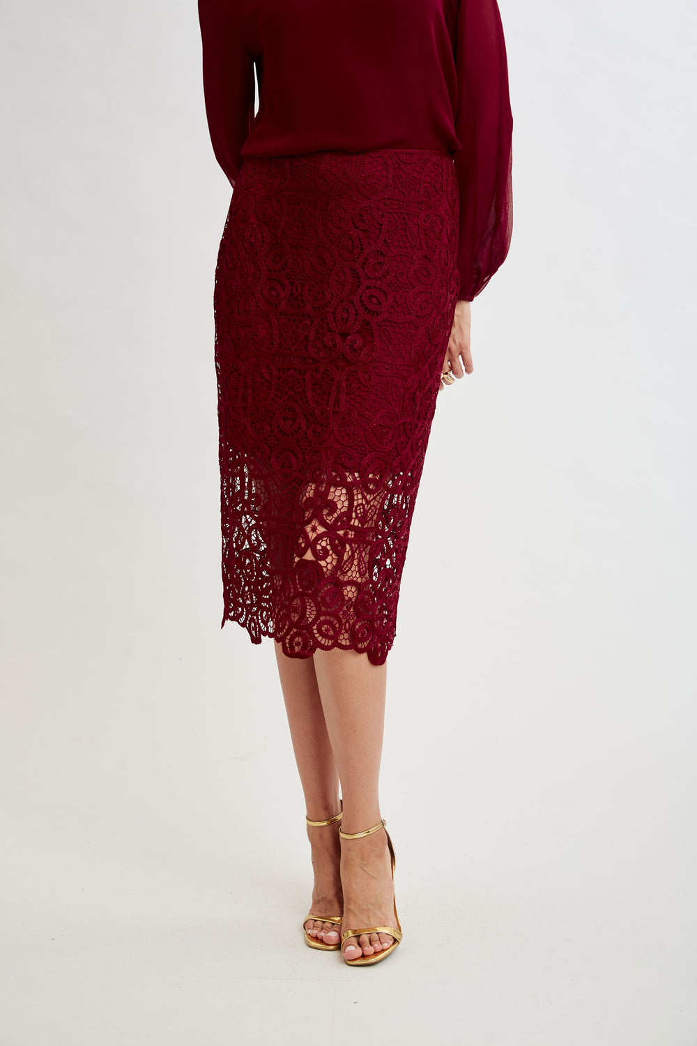 Crochet Lace Midi Skirt | Elie Tahari SANGRIA