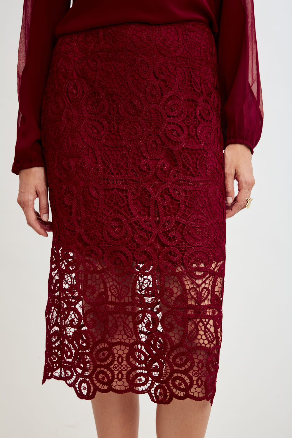 Crochet Lace Midi Skirt | Elie Tahari SANGRIA