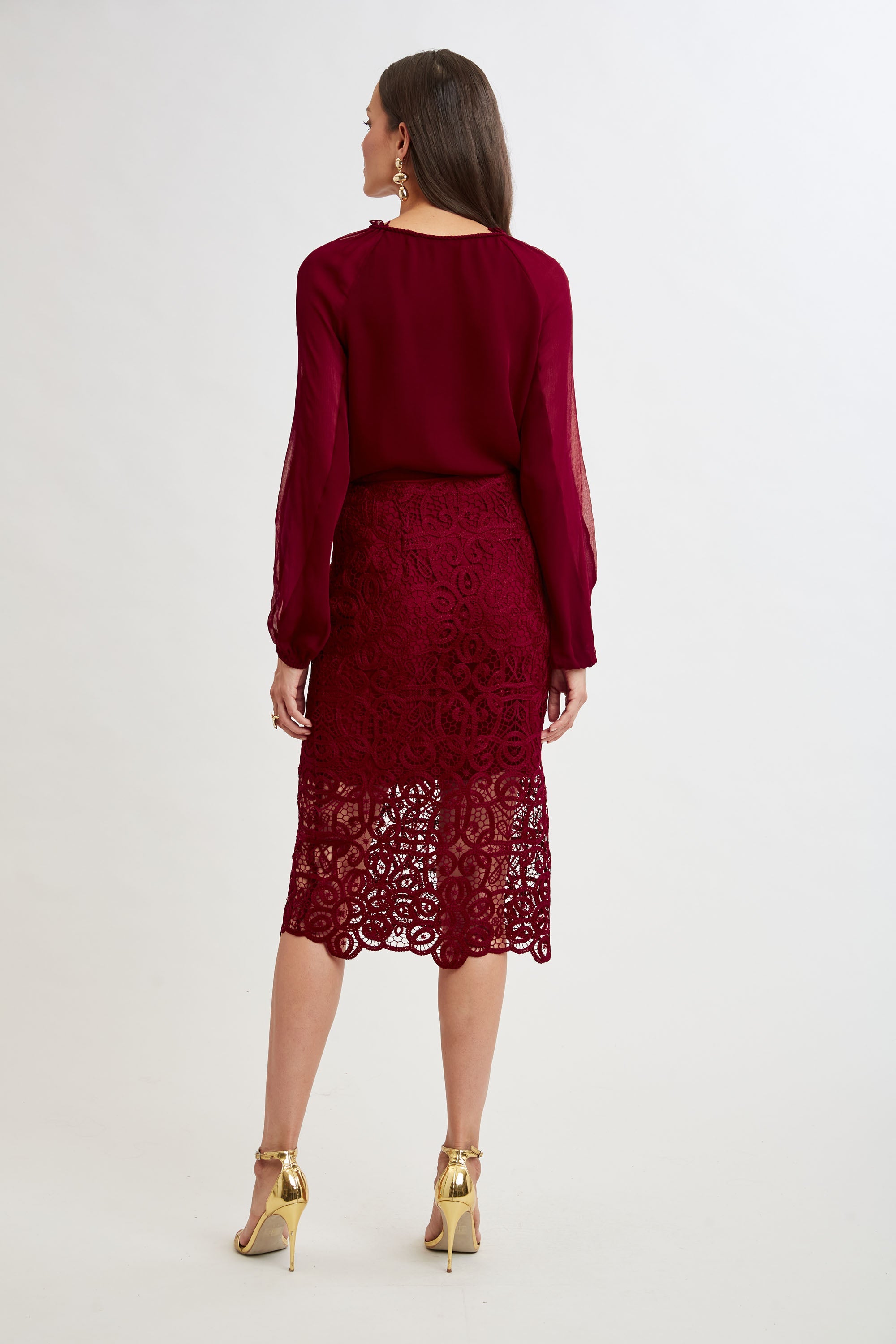 Crochet Lace Midi Skirt | Elie Tahari SANGRIA